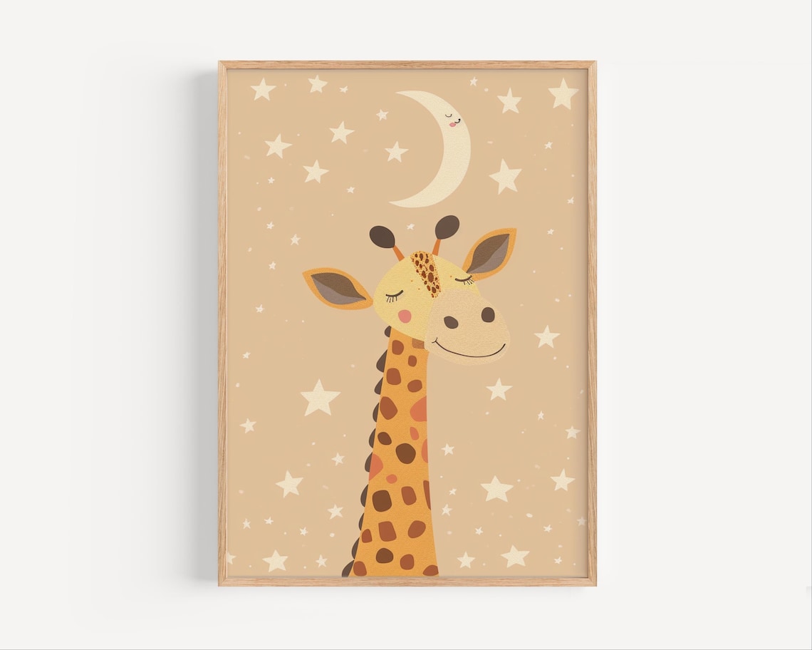 Giraffe And Crescent Moon Stars Beige Safari Nursery Kids Animal Poster