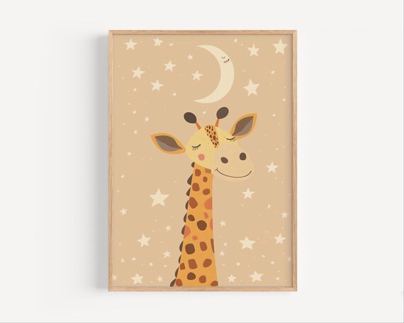 Giraffe And Crescent Moon Stars Beige Safari Nursery Kids Animal Poster