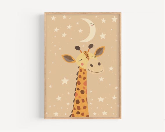 Giraffe And Moon Poster Cute Jungle Animal Wall Art For Baby Nursery Beige Stars Kids Room Decor