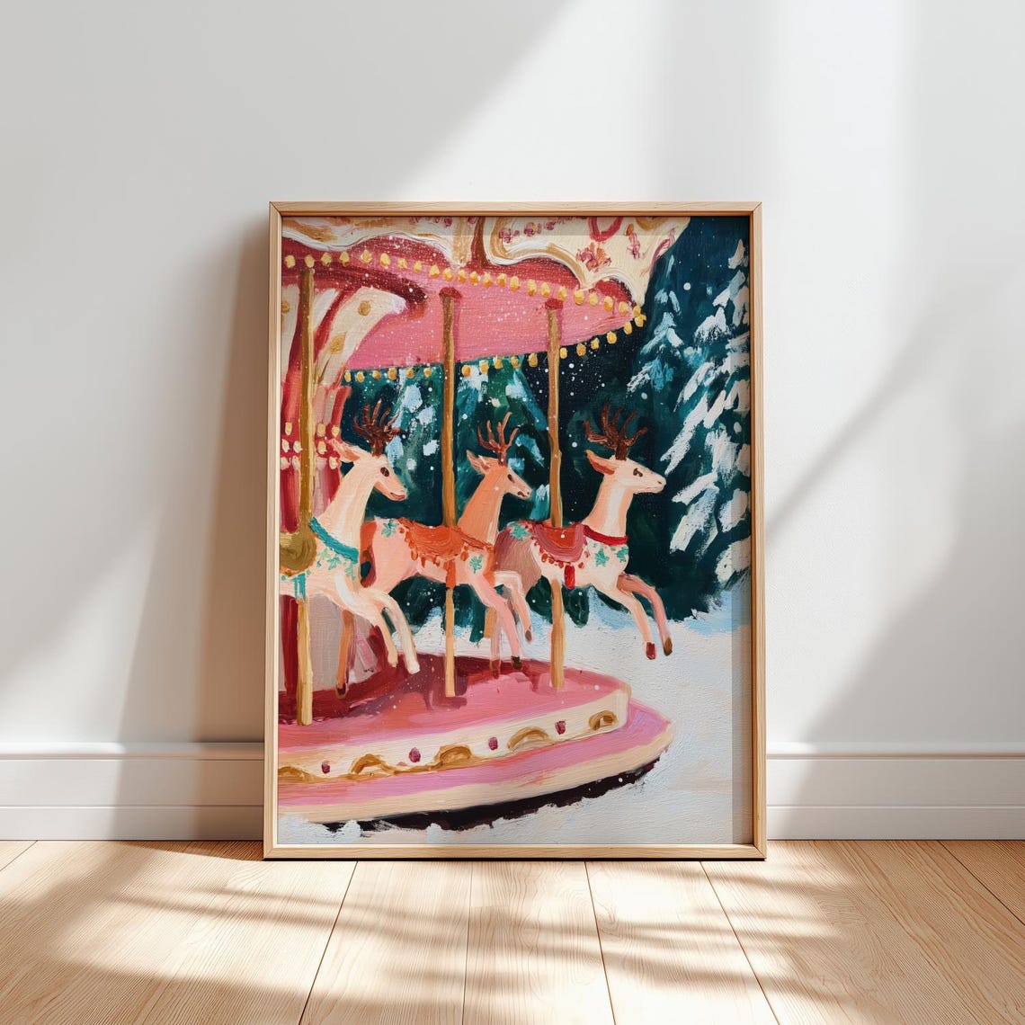 Christmas Reindeer Carousel Pink Whimsical Holiday Art Poster