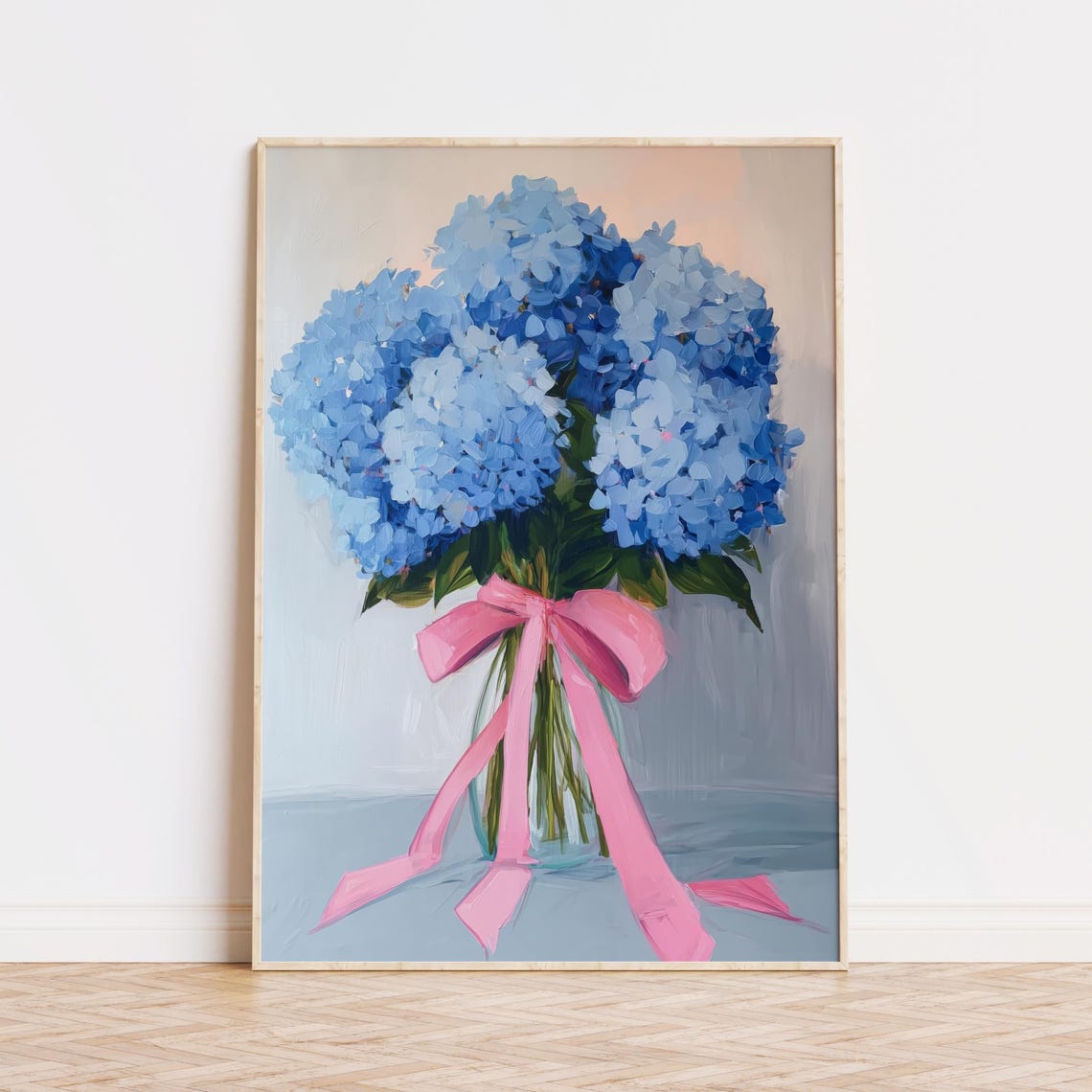 Blue Hydrangea Bouquet With Pink Bow Soft Floral Painting Wall Poster