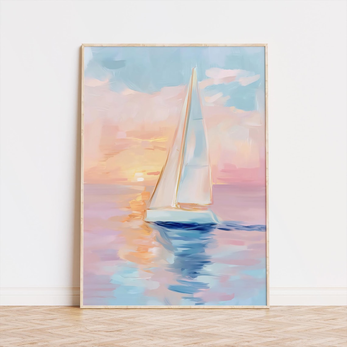 Sailboat At Pastel Sunset Poster Serene Pink Sea Nautical Painting Decor
