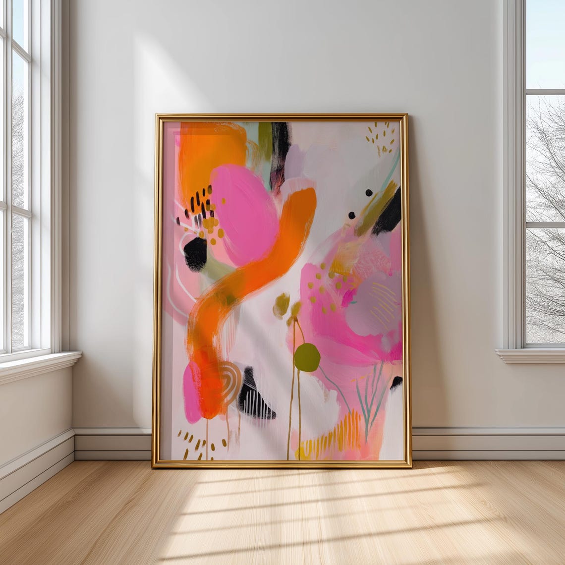 Pink Orange Botanical Abstract Floral Modern Home Decor Poster