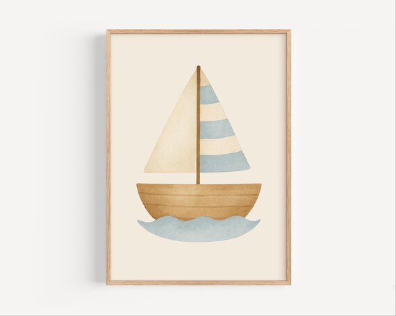 Sailboat Nursery Poster Nautical Wall Art For Boys Room Or Coastal Baby Decor Blue Beige Boat Print