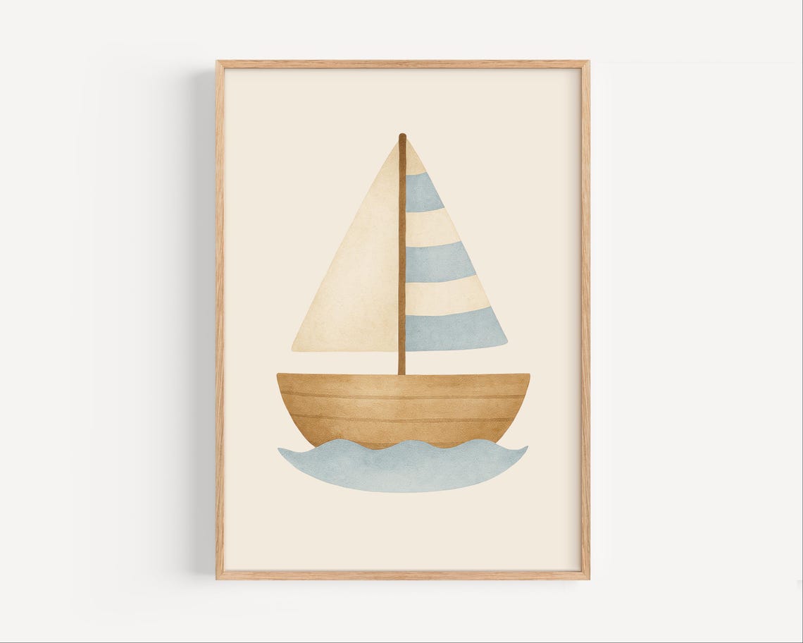 Minimalist Wooden Sailboat on Blue Waves Nursery Nautical Poster