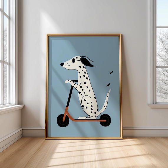 Dalmatian Dog Riding A Scooter On Blue Minimalist Kids Poster