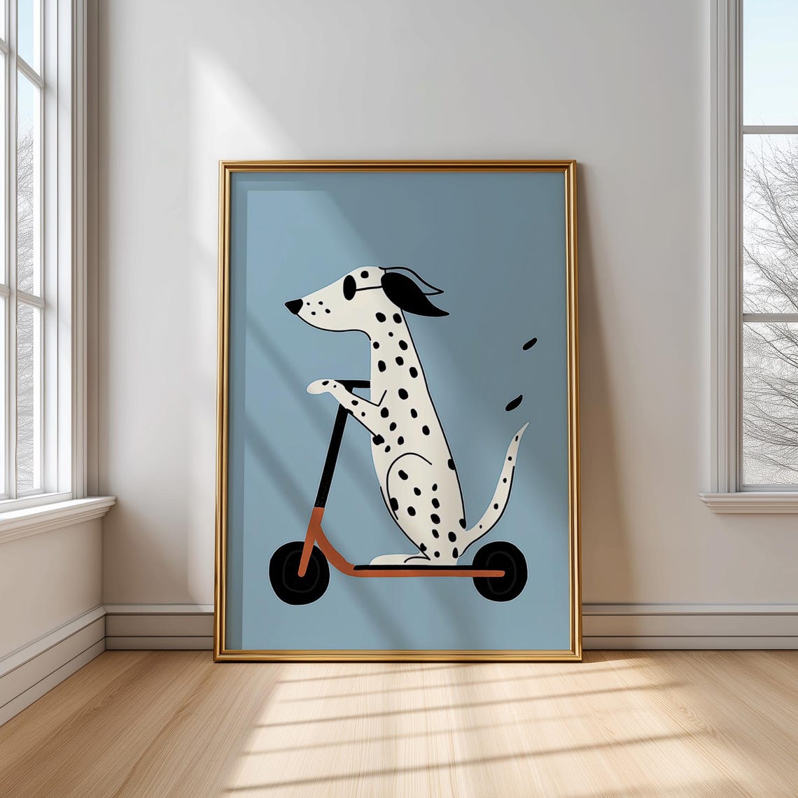 Dalmatian Dog Riding A Scooter On Blue Minimalist Kids Poster