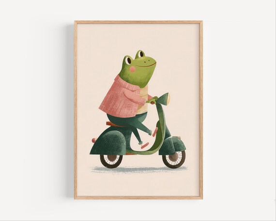 Funny Frog Riding a Green Scooter in Pink Sweater Nursery Poster