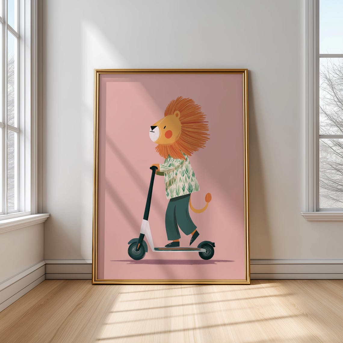 Playful Lion Riding a Scooter in Green Outfit Pink Nursery Poster