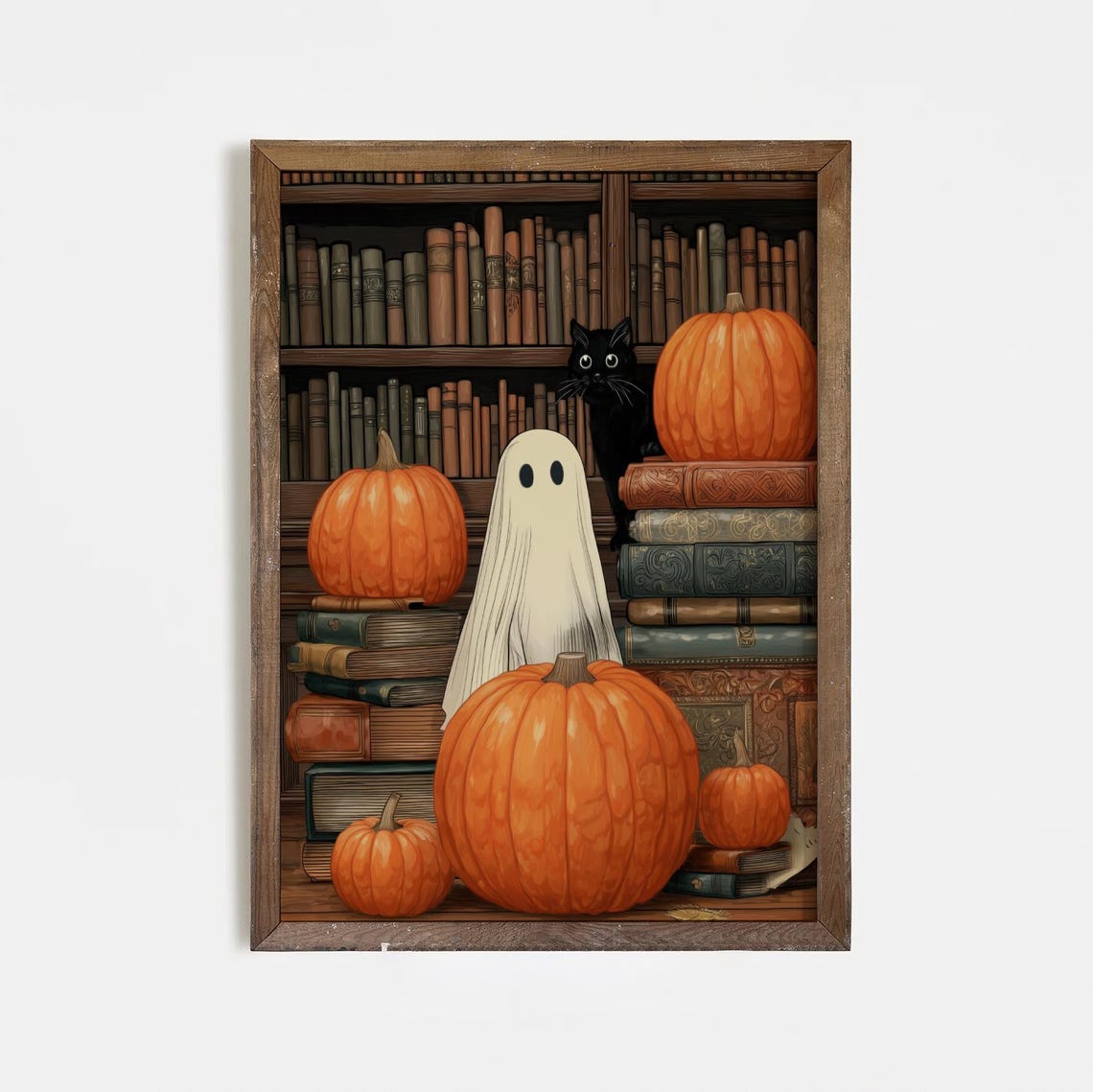 Halloween Library Ghost Black Cat Pumpkins Antique Books Spooky Poster