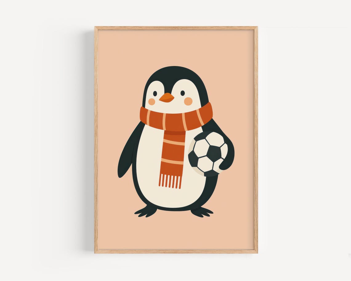 Cute Penguin With Orange Scarf Holding Soccer Ball Kids Wall Poster