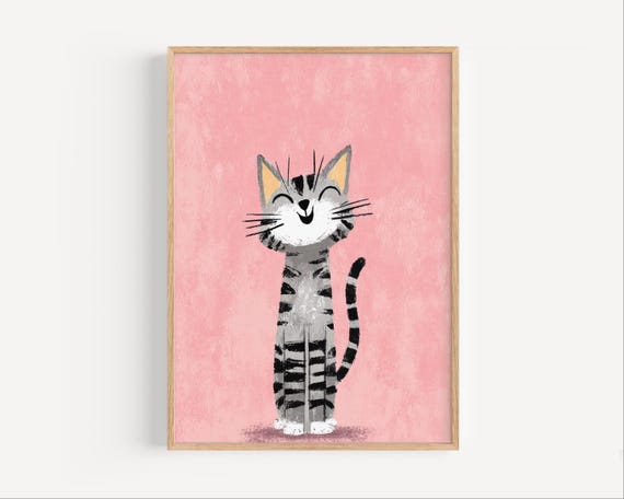 Happy Grey Cat Framed Wall Art Cute Smiling Poster With Pink Background Animal Print For Baby Girl Nursery Or Kids Room
