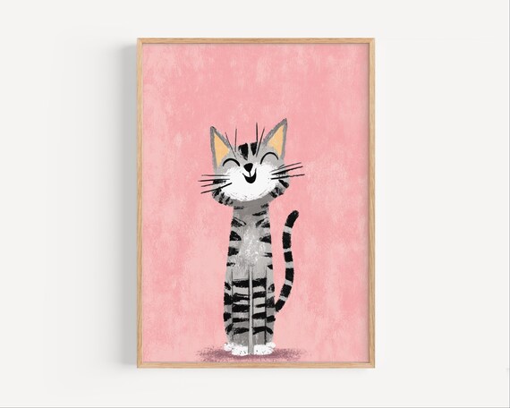 Happy Smiling Grey Tabby Cat Pink Background Nursery Art Poster