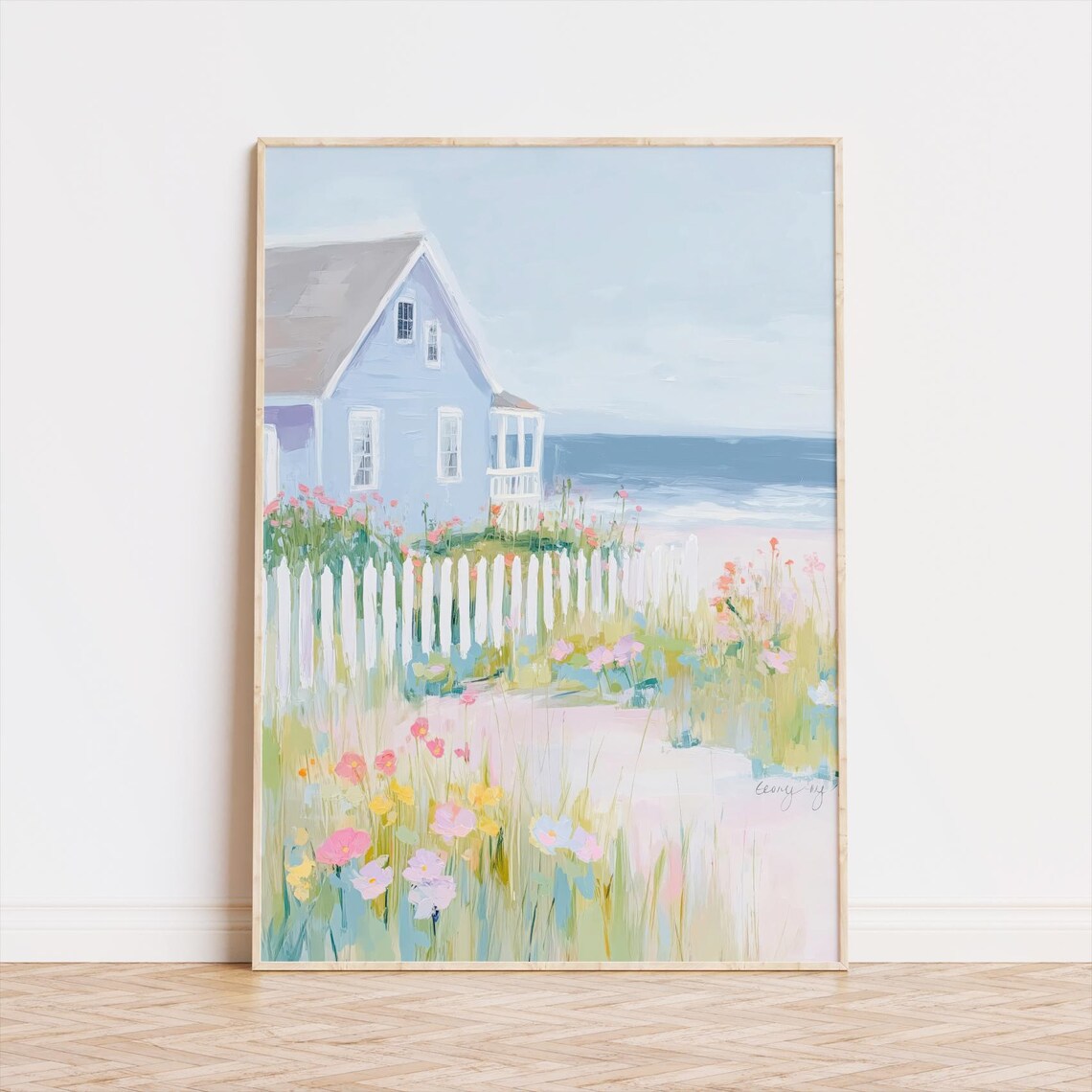 Pastel Beach Cottage With Picket Fence And Wildflowers Coastal Poster