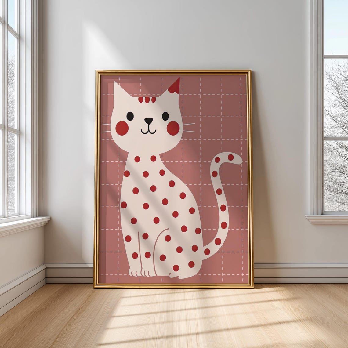 Polka Dot Kitten Red Spots Pink Nursery Whimsical Cat Art Print