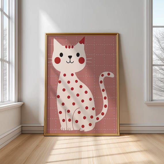 Cute Cat Wall Art Polka Dot Kitten Poster For Kids Room Playful Animal Print Instant Nursery