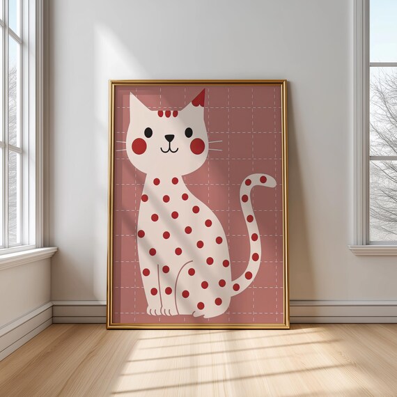 Polka Dot Kitten Red Spots Pink Nursery Whimsical Cat Art Print