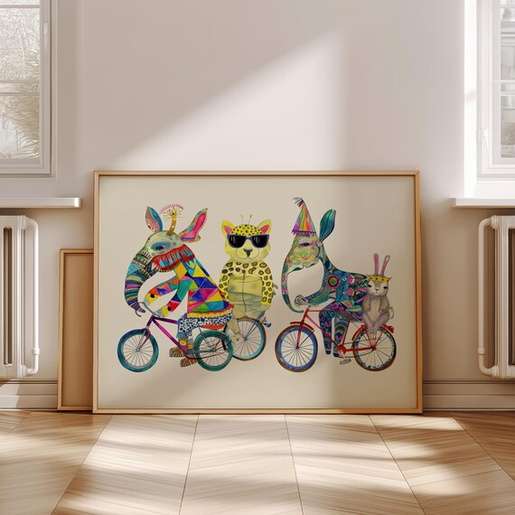 Colorful Animals Riding Bicycles Whimsical Kids Room Wall Art