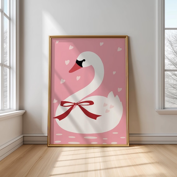 Elegant Pink Swan With Red Bow Hearts Whimsical Nursery Poster