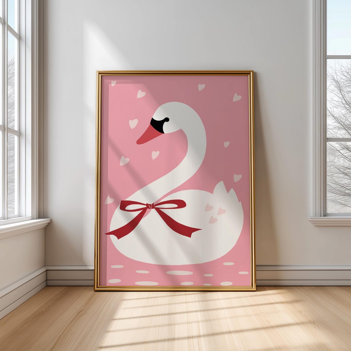 Elegant Pink Swan With Red Bow Hearts Whimsical Nursery Poster