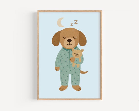 Pajama Puppy Nursery Art Sleeping Dog Wall Kids Room With Teddy Bear Moon Theme