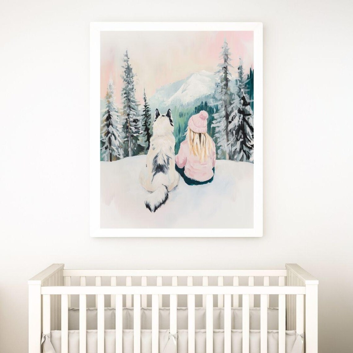 Girl And Husky Dog Sitting In Snow Watching Mountains Poster - Image 2