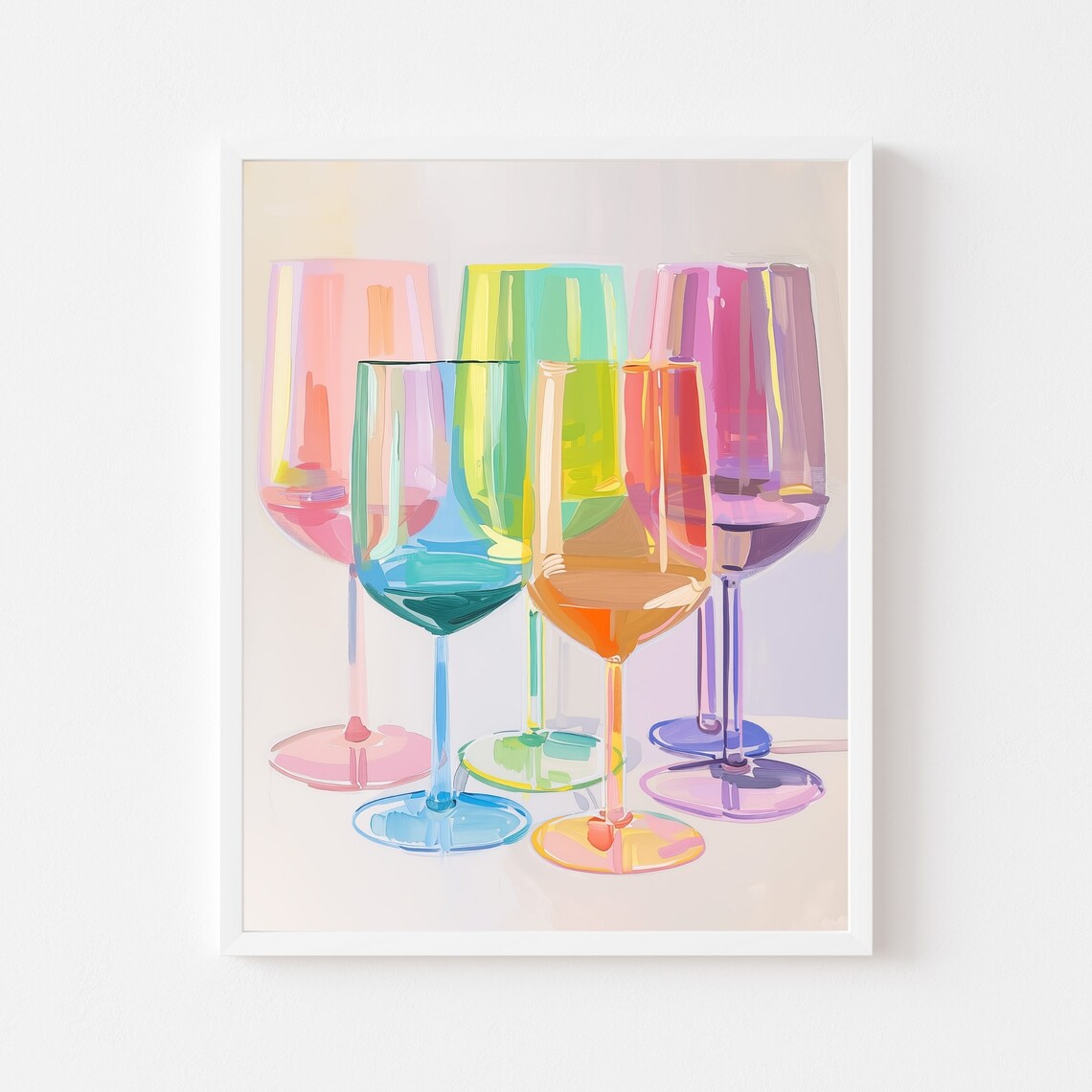 Colorful Wine Glasses Painting, Rainbow Bar Cart Art Print