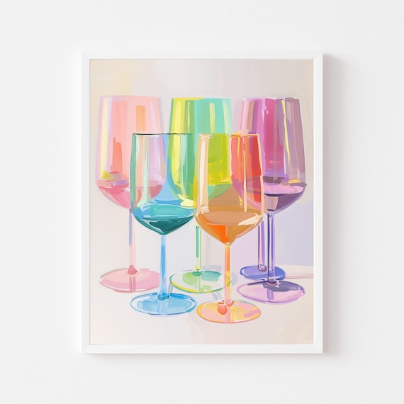 Colorful Wine Glasses Painting, Rainbow Bar Cart Art Print