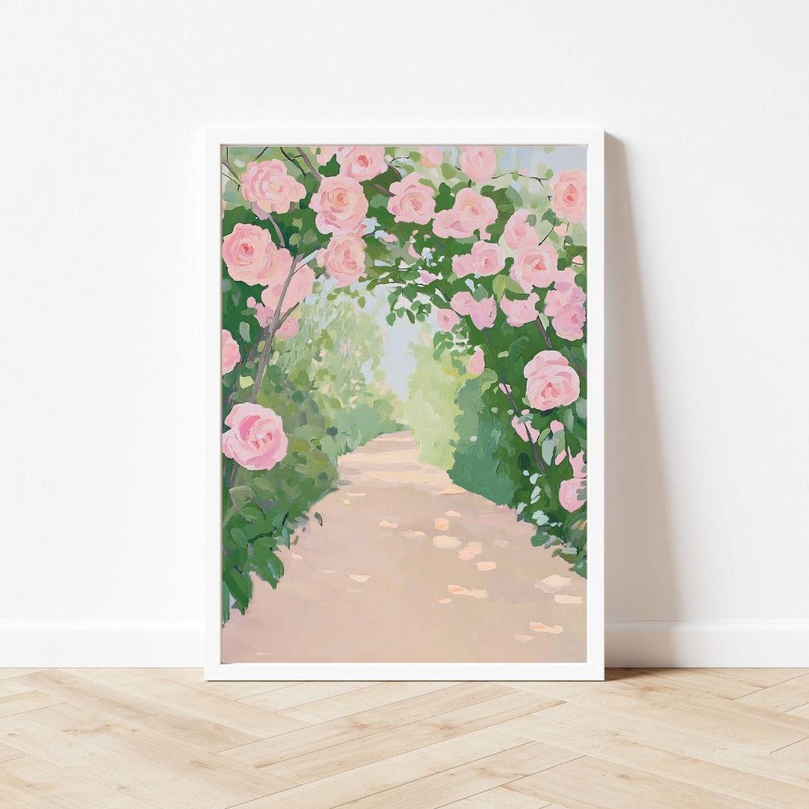 Pink Climbing Rose Path Secret Garden Pastel Landscape Painting Poster - Image 3