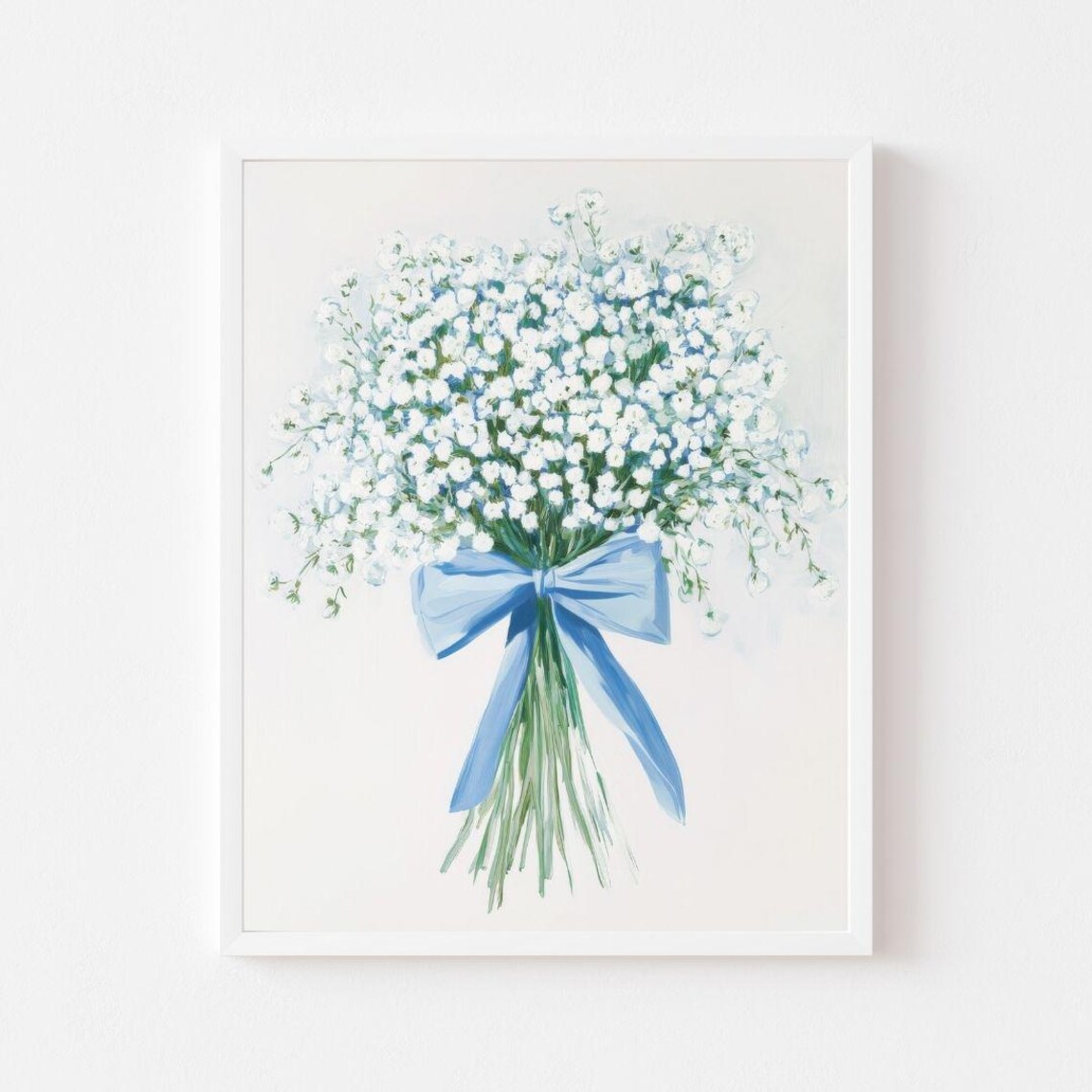 Baby's Breath Bouquet With Blue Bow, Floral Art Print