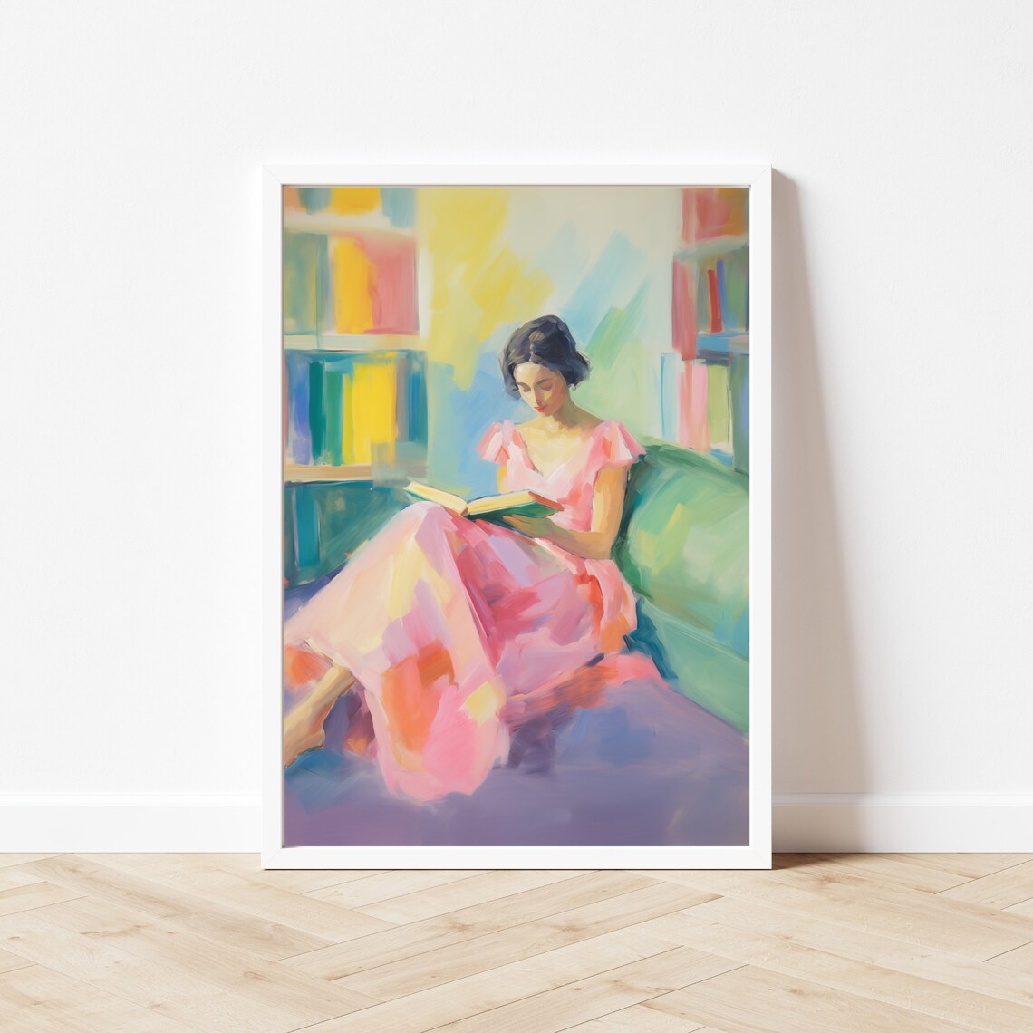 Woman In Pink Dress Reading In A Colorful Library Nook Poster - Image 3