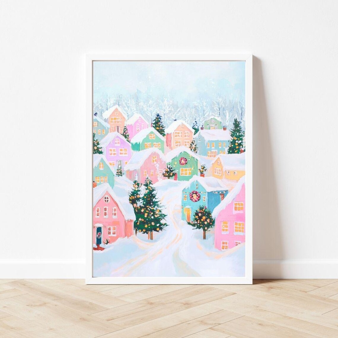 Pastel Christmas Village Painting, Kids Room Poster Print - Image 3
