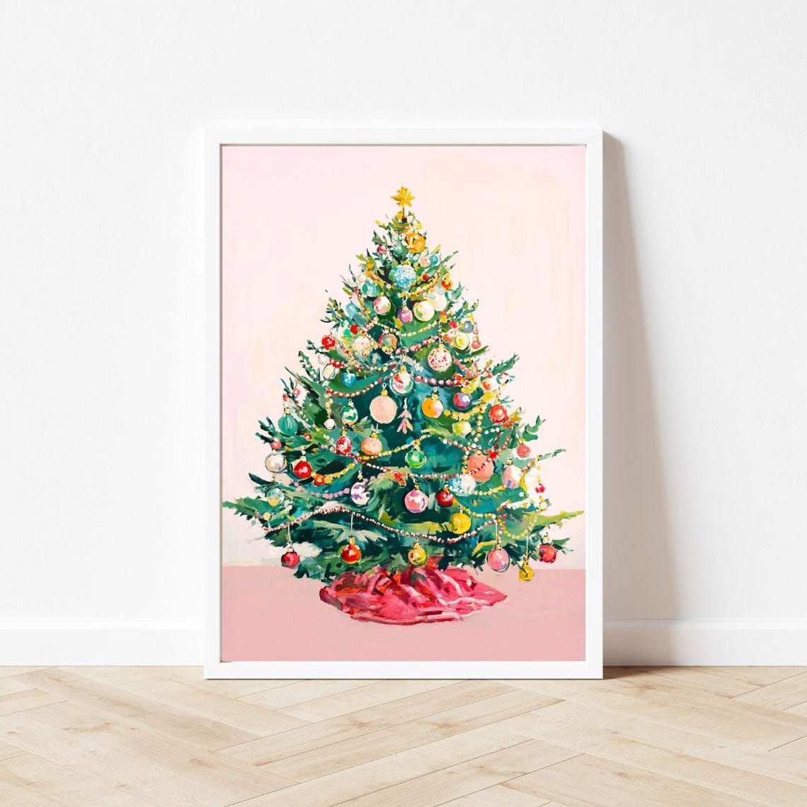 Colorful Decorated Christmas Tree Star Topper Pink Tree Skirt Poster - Image 3