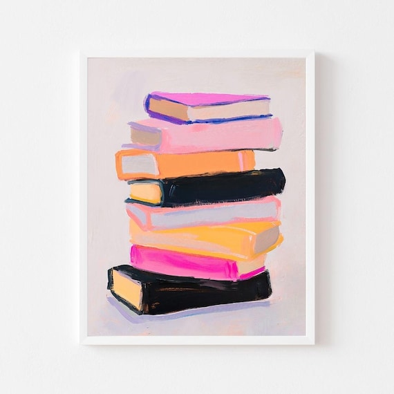 Colorful Book Stack Painting Pink Orange and Black Books Poster