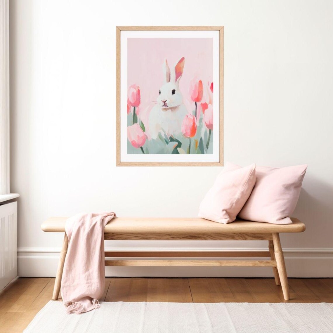 Sweet White Bunny Among Pink Tulips Pastel Spring Animal Poster - Image 2