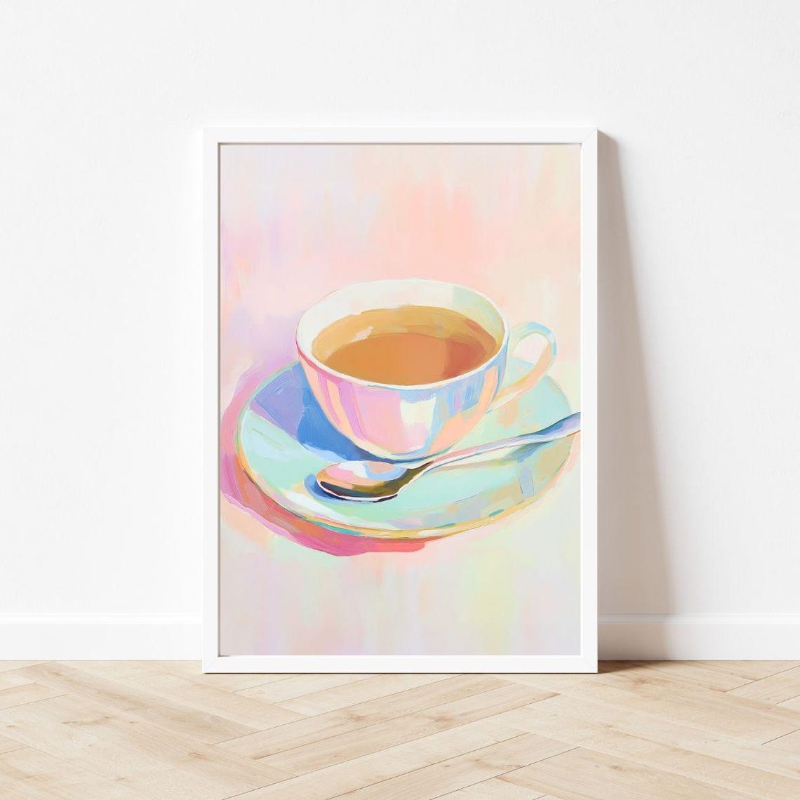 Pastel Tea Cup and Spoon on a Saucer Kitchen Painting Poster - Image 3