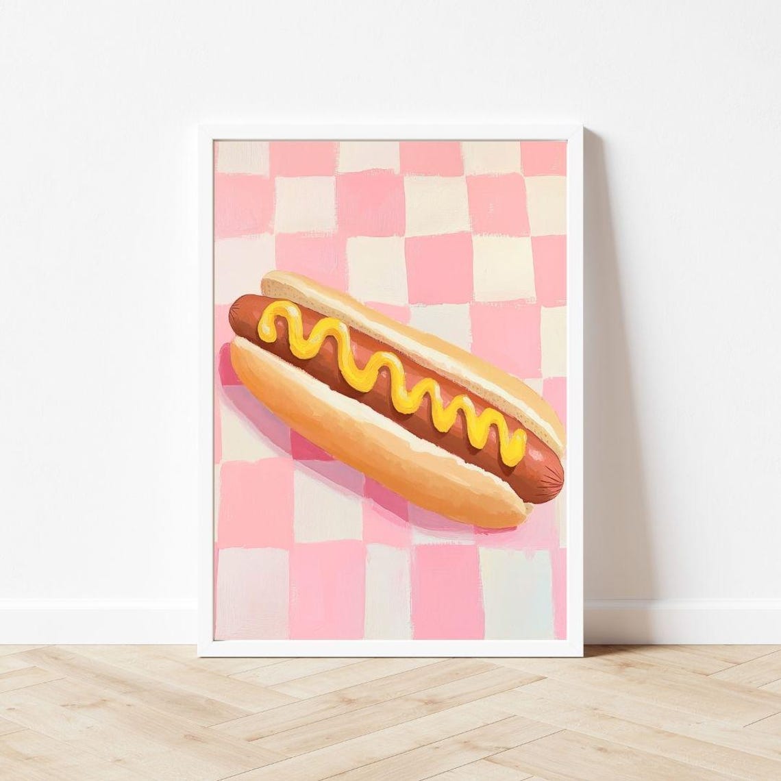 Hot Dog with Mustard Swirl Pink Gingham Retro Kitchen Poster - Image 3