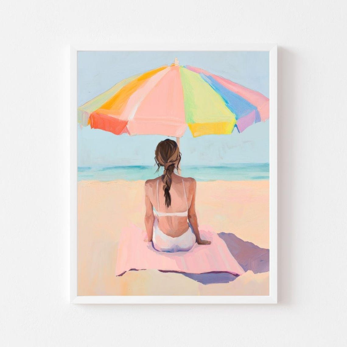 Woman Relaxing Under a Rainbow Beach Umbrella in Summer Poster