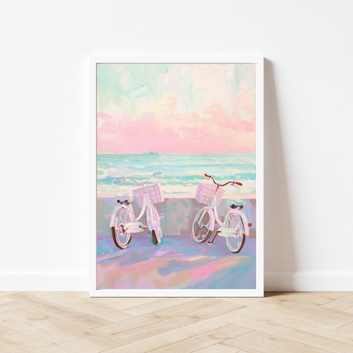 White Beach Cruiser Bikes by the Sea at a Pink Sunset Poster - Image 3