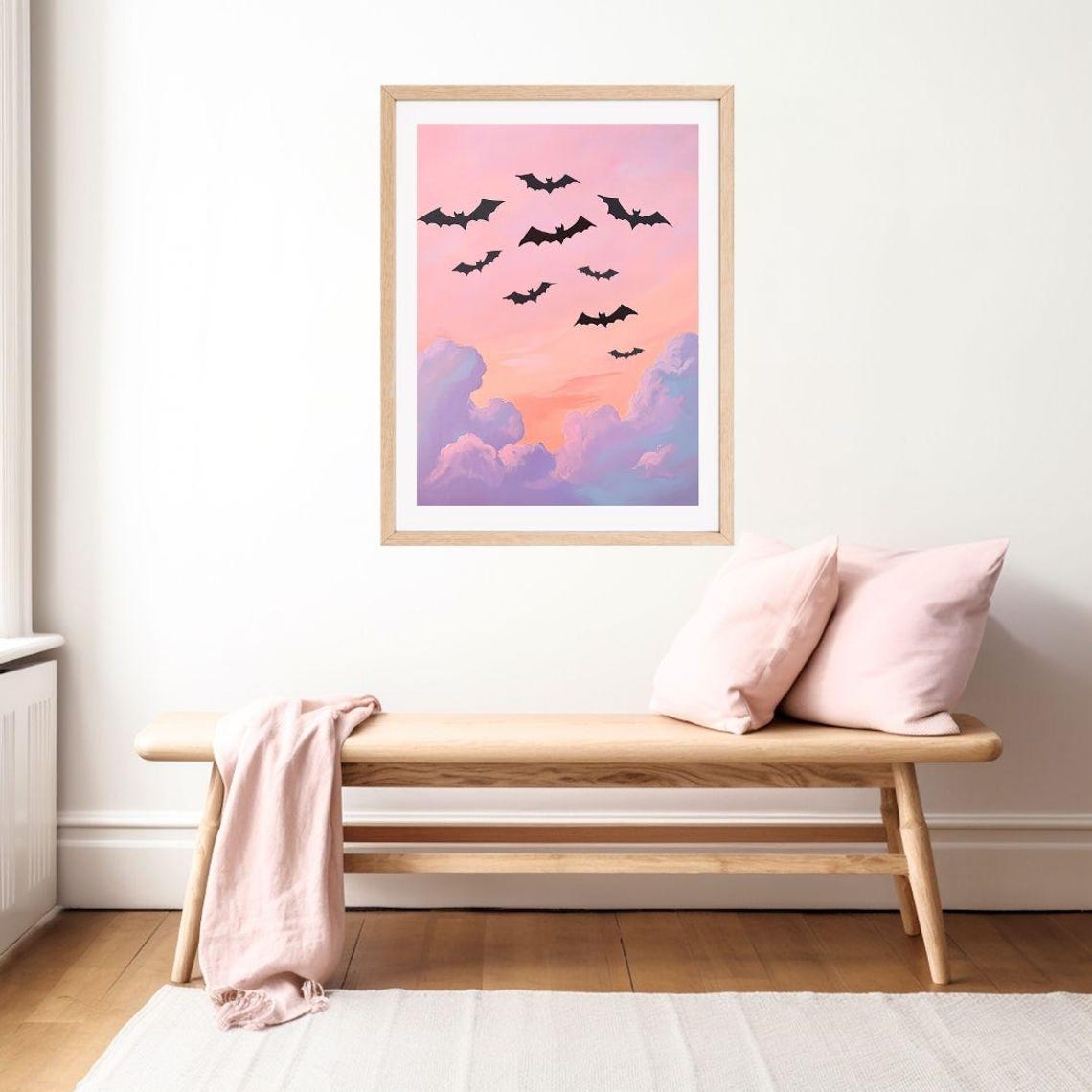 Black Bats Flying Over A Dreamy Pink Sunset Sky Halloween Poster - Image 2