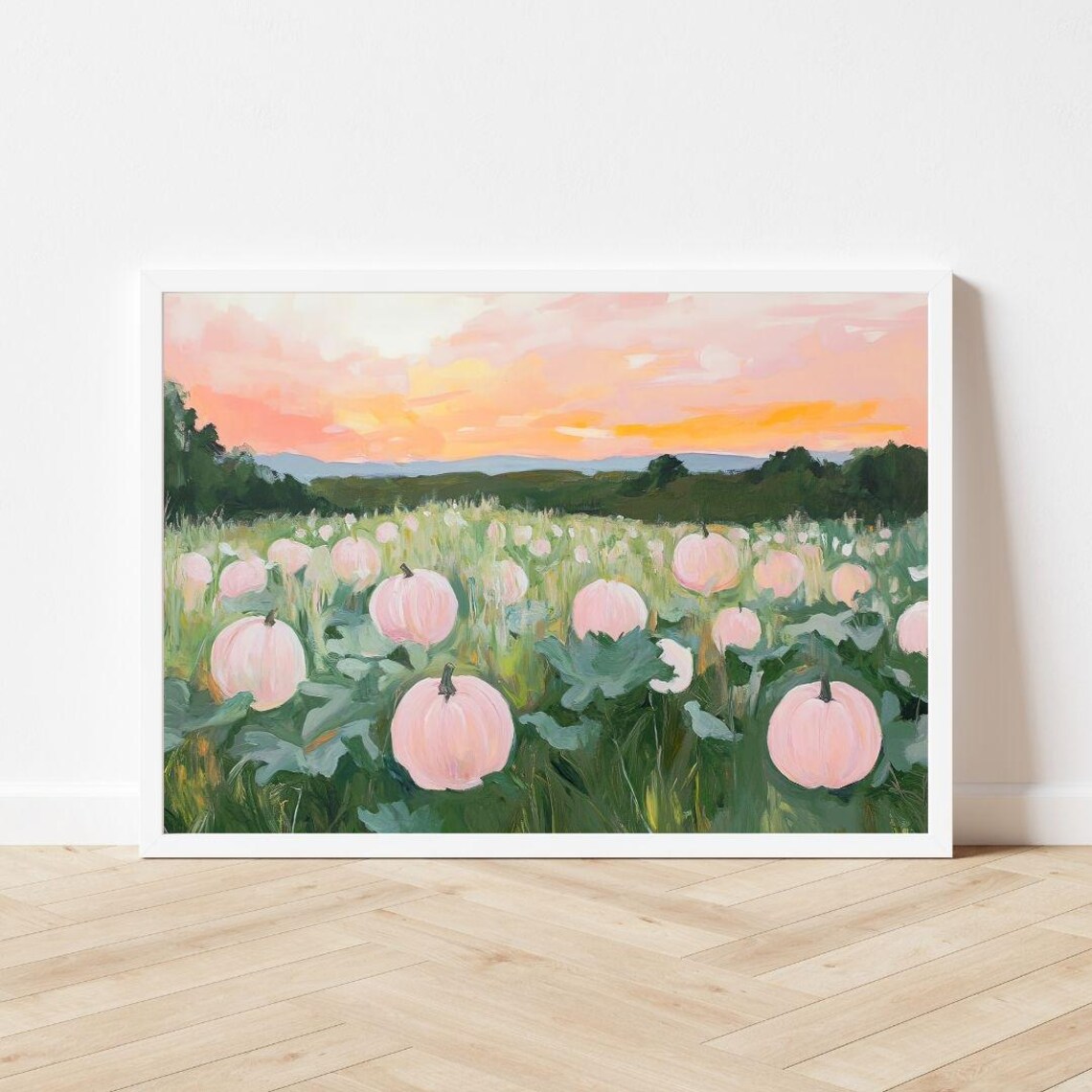 Pastel Pink Pumpkin Patch Sunset Harvest Field Halloween Fall Art Poster - Image 3