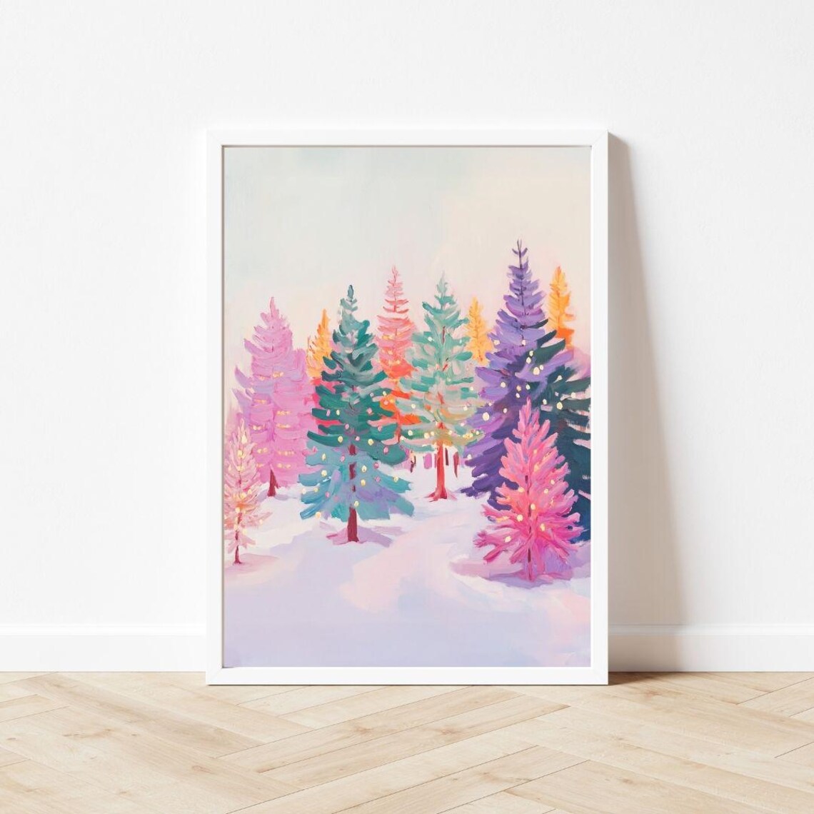 Colorful Christmas Trees, Winter Landscape Art Print - Image 3