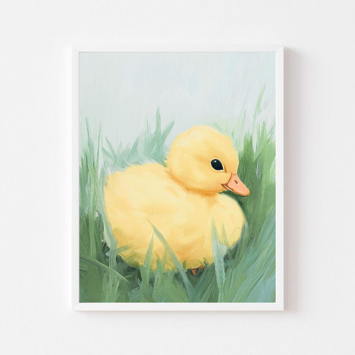 Yellow Duckling Resting in Green Grass Nursery Painting Poster