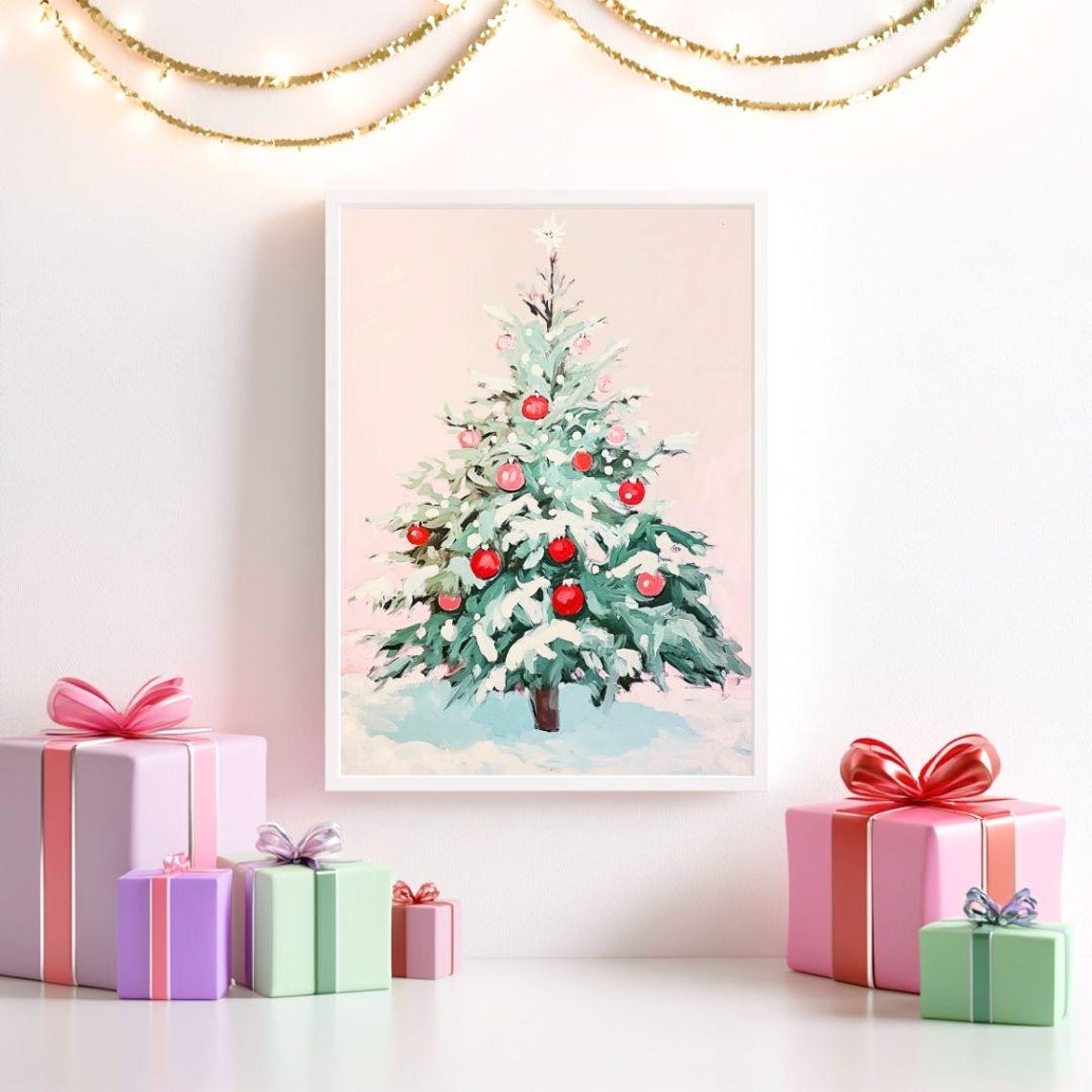 Snowy Christmas Tree Red Ornaments Winter Wonderland Holiday Poster - Image 2