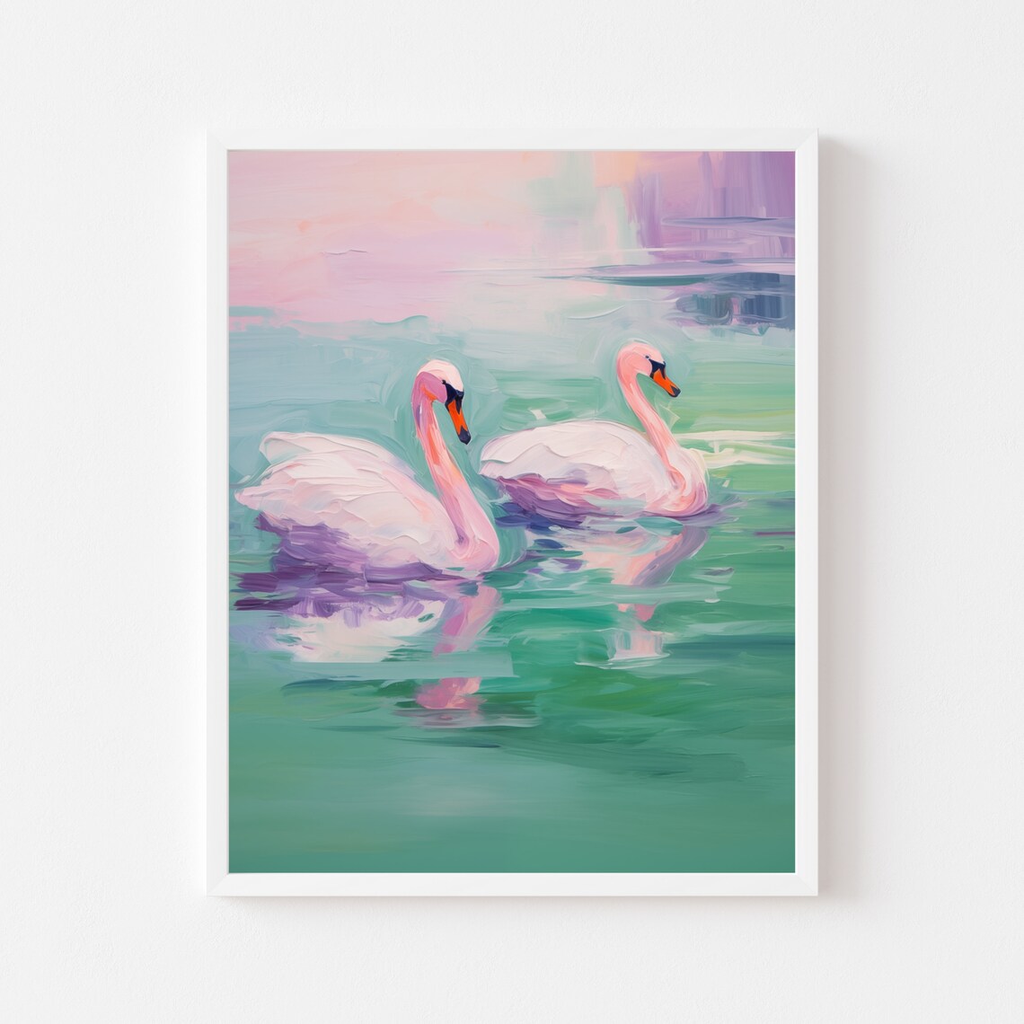 Two White Swans Swimming on Green Water Sunset Painting Poster