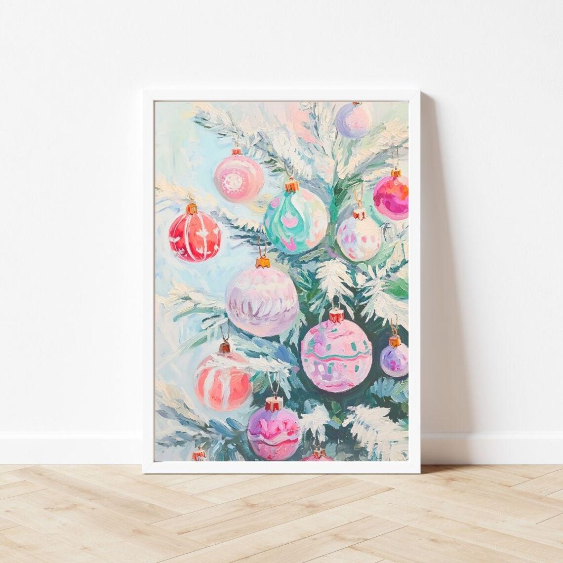 Vintage Christmas Ornaments Art Print, Pink Holiday Tree - Image 3