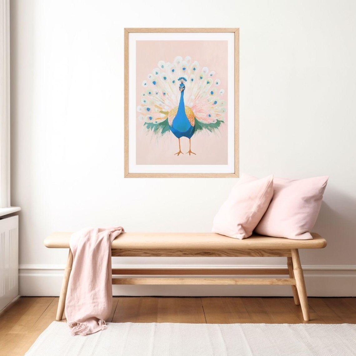 Pastel Pink Peacock Painting Colorful Feathered Bird Display Poster - Image 2