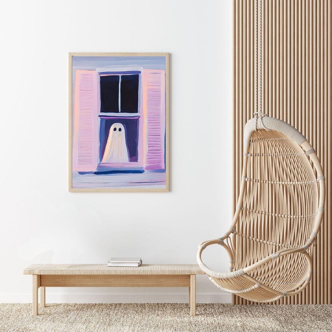 Cute Ghost Peeking Out Of A Pink Shuttered Window Art Poster - Image 2