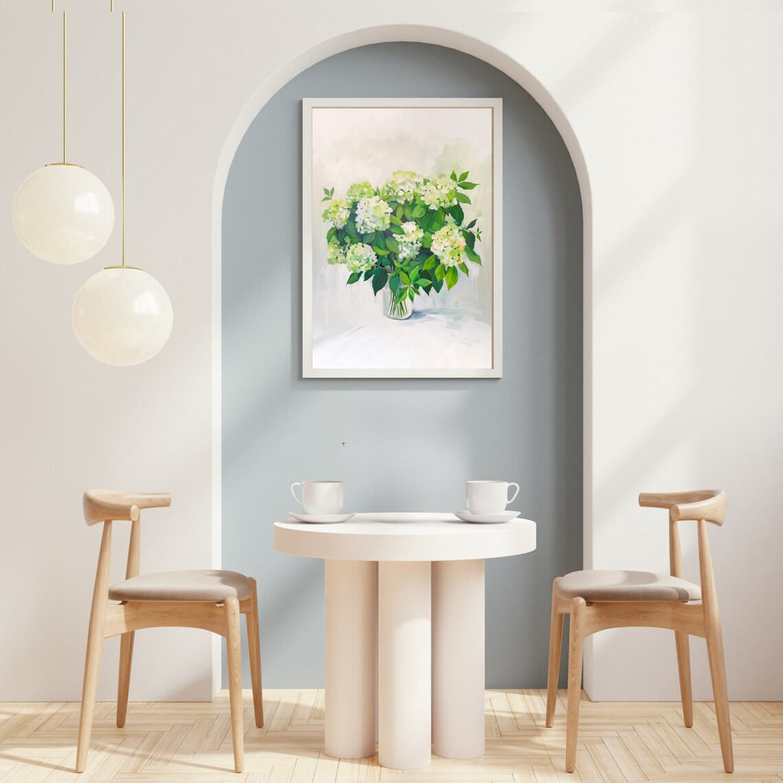 Green Hydrangea and Viburnum Bouquet, Vintage Art Print - Image 2