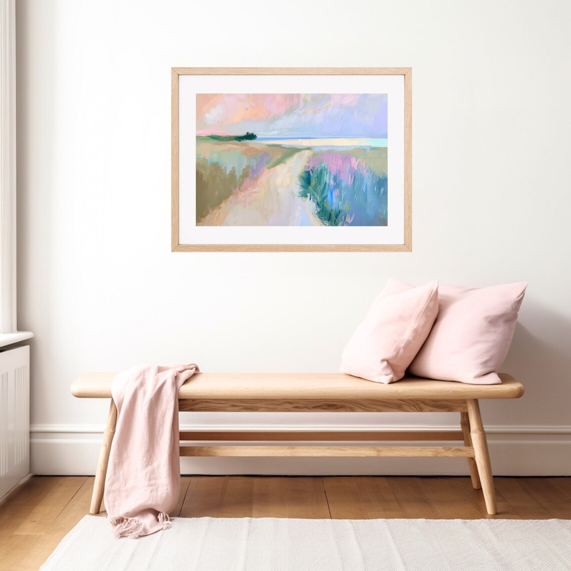 Pastel Beach Dune Path Painting in Pink and Purple Hues Poster - Image 2